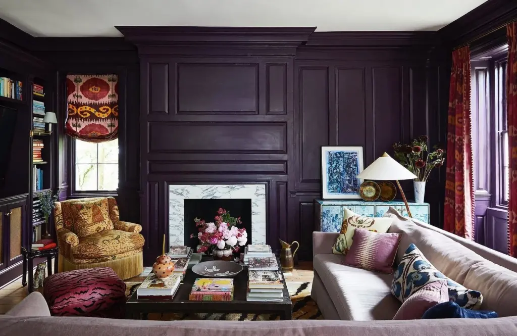 Living room painted in purple.